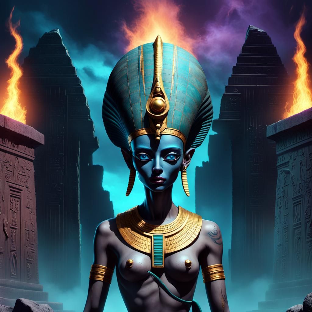 Anunnaki Pharaoh in Ruined Temple: Fantasy Concept Art