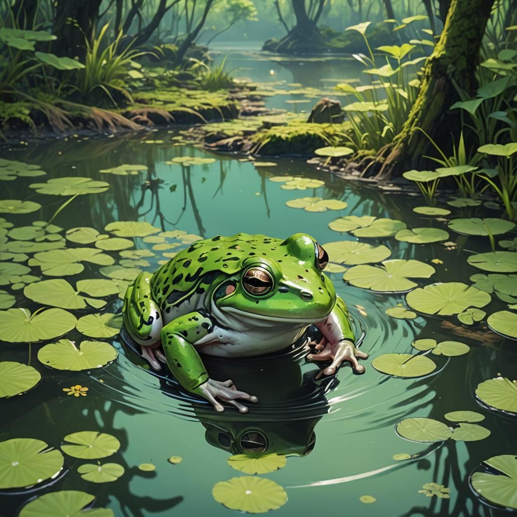 Vibrant Anime Frog in Green Swamp, 8k Resolution