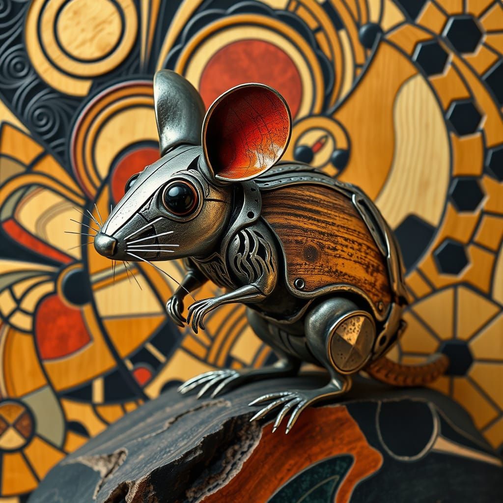 Intricately Crafted Metal and Wood Mouse in Geometric Abstra...