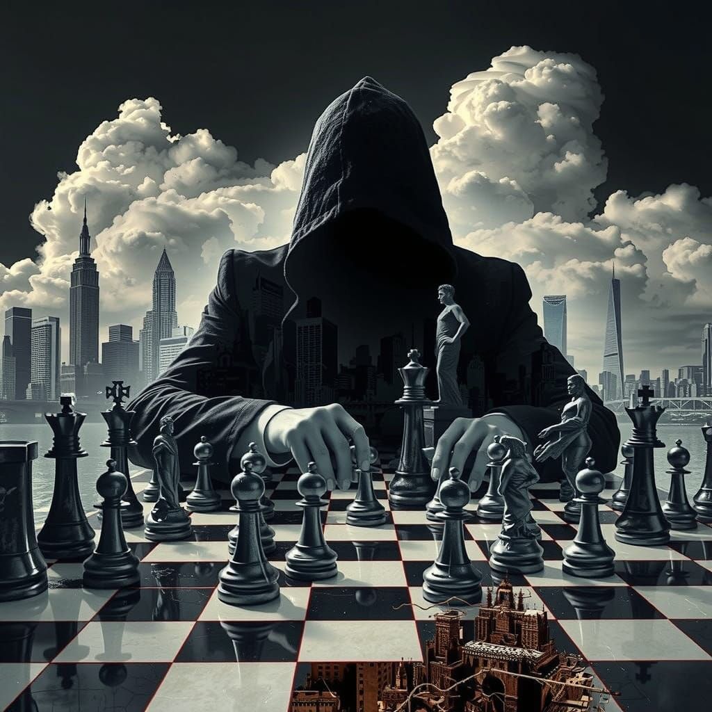 Surreal Chess Game with Shadowy Figure in Double Exposure