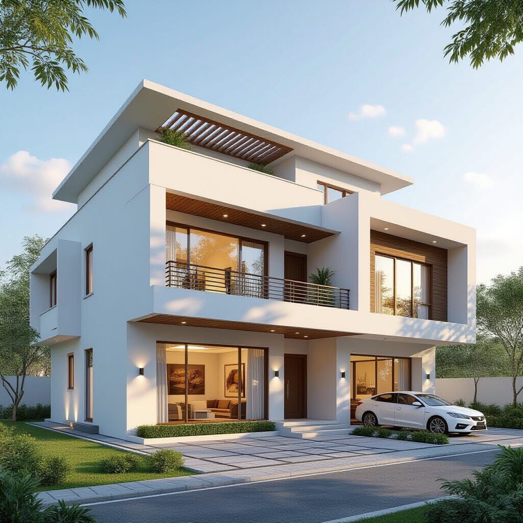 Modern Vastu House: 3D Exterior with Northeast Balcony