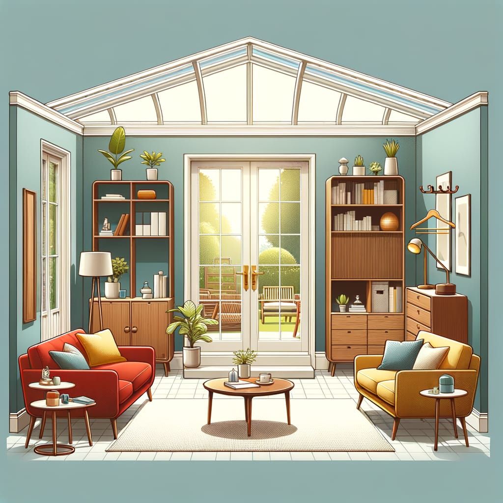 Modern Lounge with Red Couch and Conservatory Access