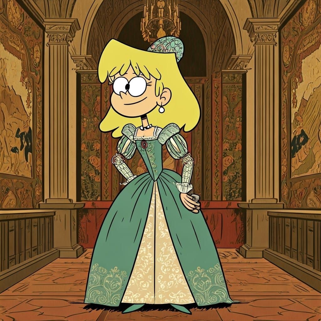 Imagine Lori Loud from The Loud House, reimagined as a Renaissance noblewoman, posing regally in a grand hall adorned wi...
