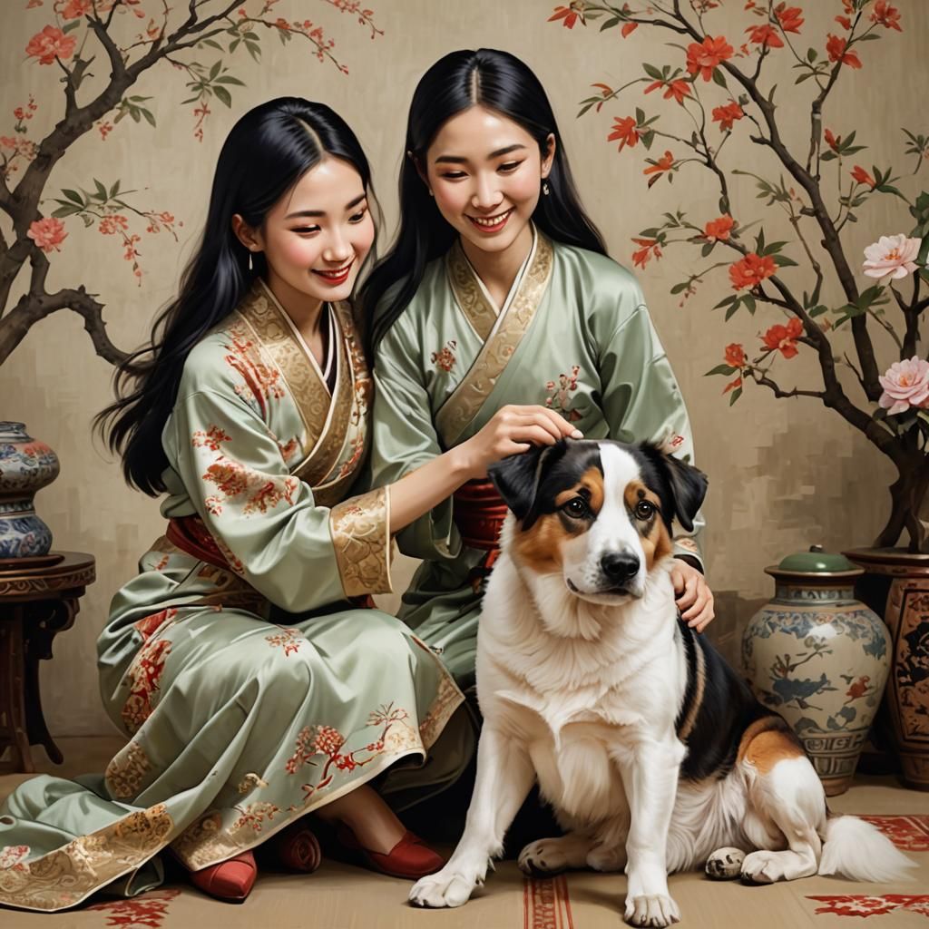 Oriental Girl and Dog Playtime