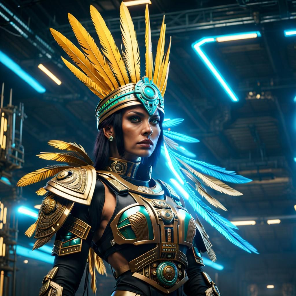 Aztec Battle Sister: Cyberpunk Warrior Woman in Armor