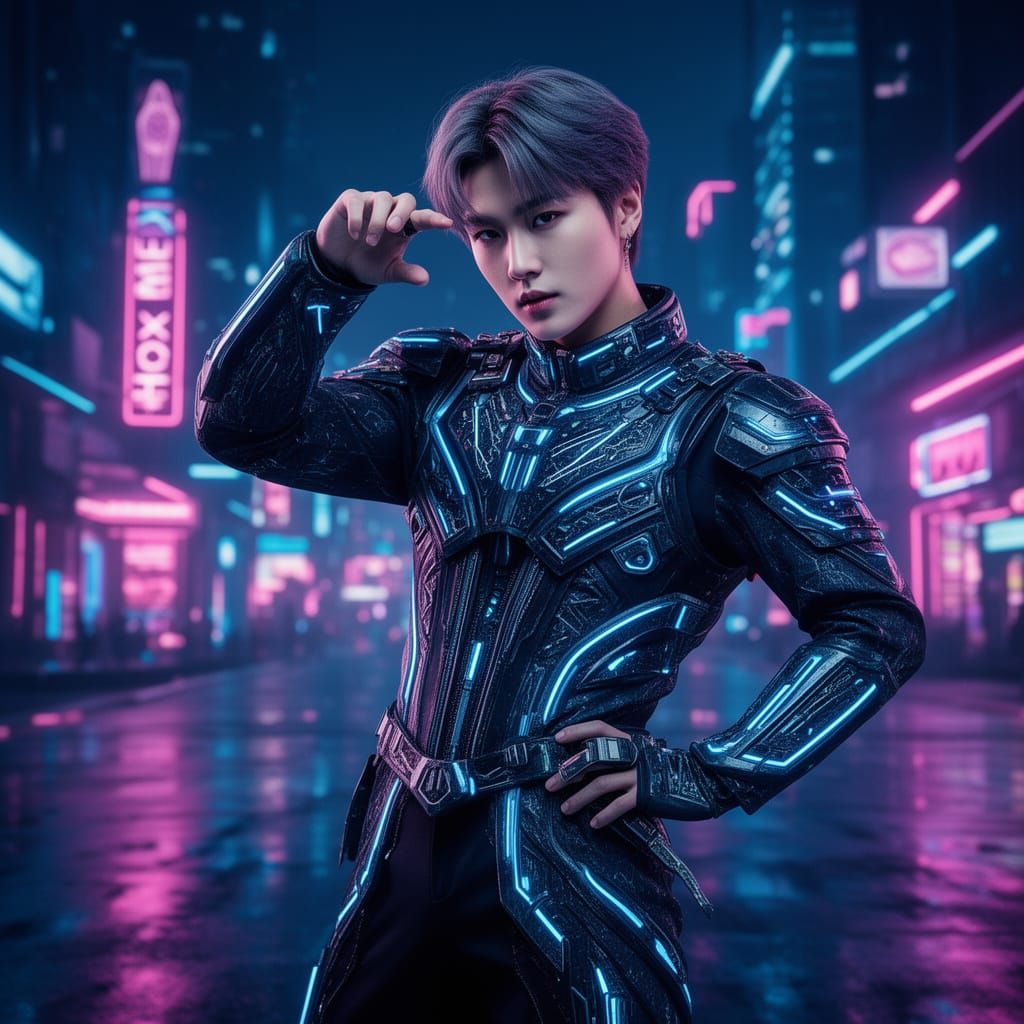 Futuristic K-Pop Idol in Neon Cityscape