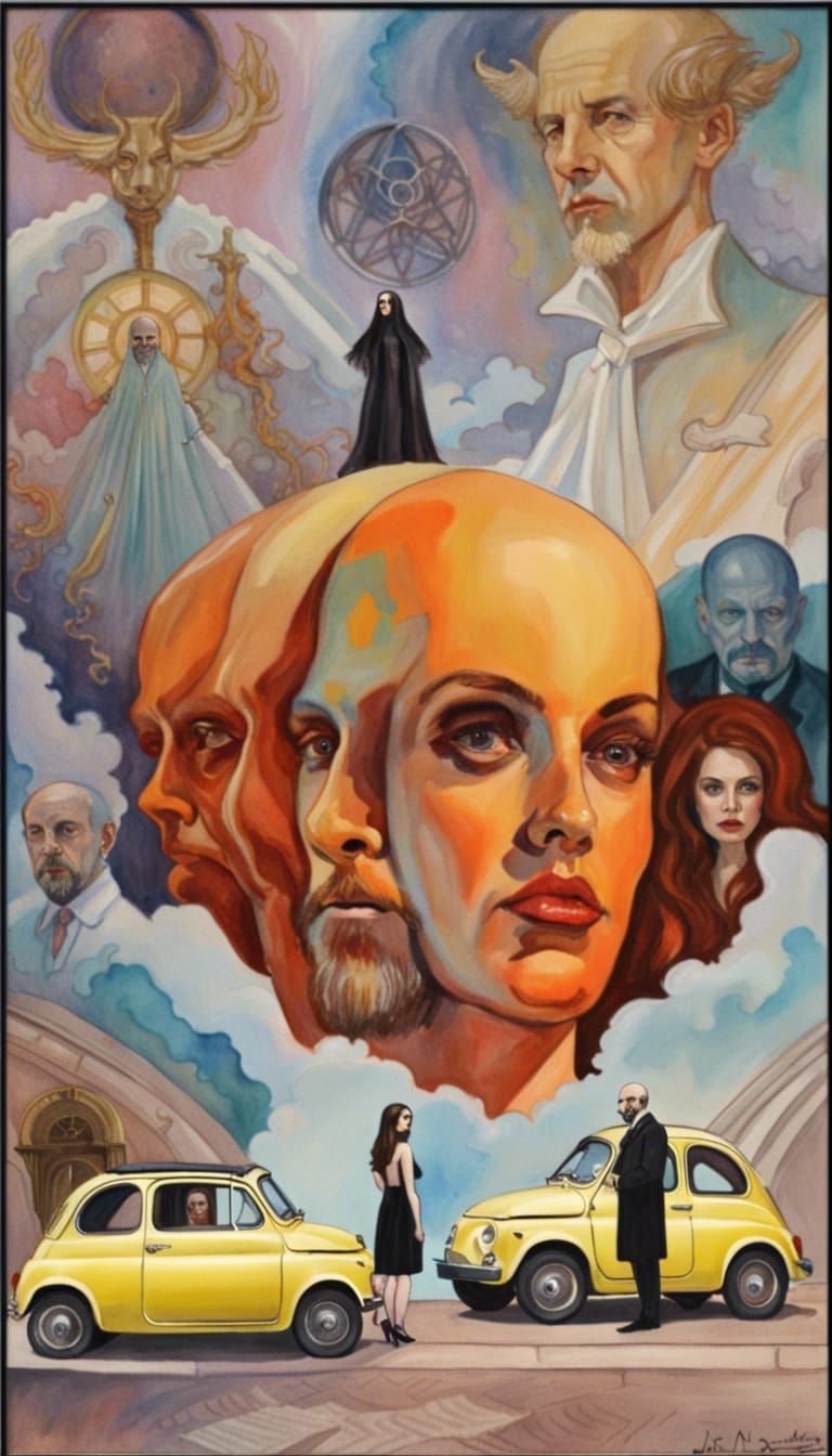 Occult Scene with Car in Watercolor Style