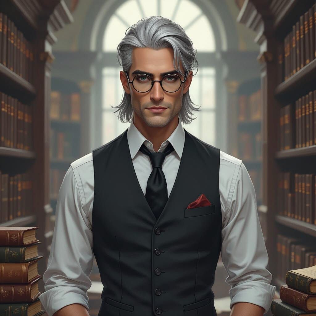 Alaric the Librarian in Noir Cel-Shaded Style