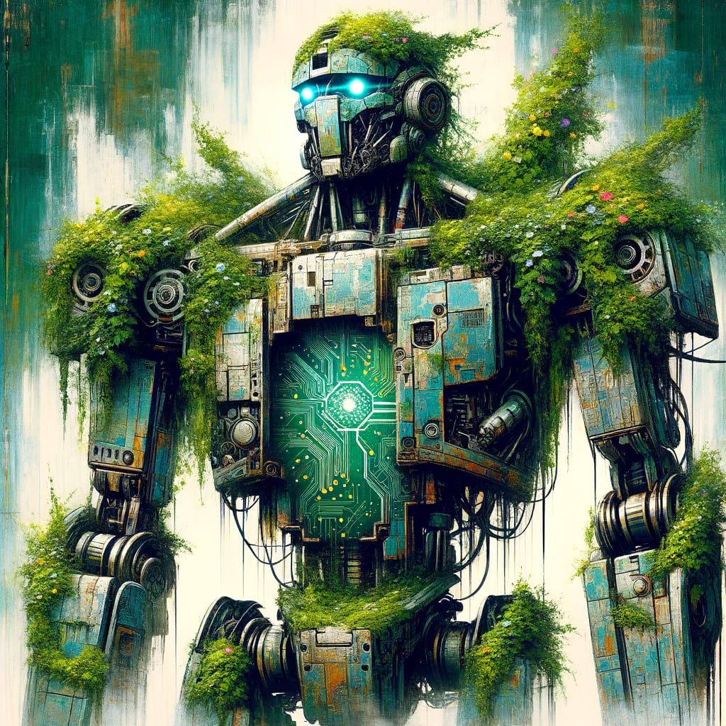 Robot Overgrown by Nature in Dystopian Future