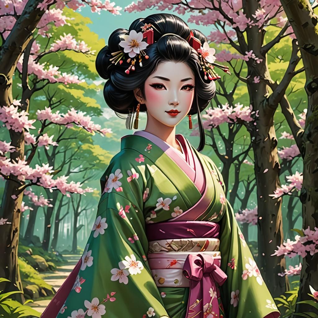 Geisha Archer in Cherry Blossom Forest, Anime Style