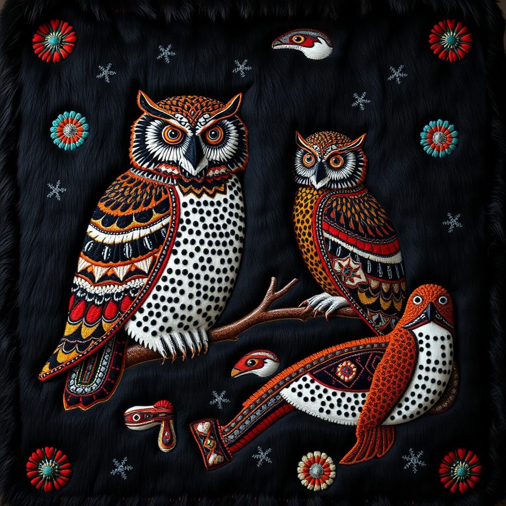 Inuit Art Parka Panel With Owls and Seals