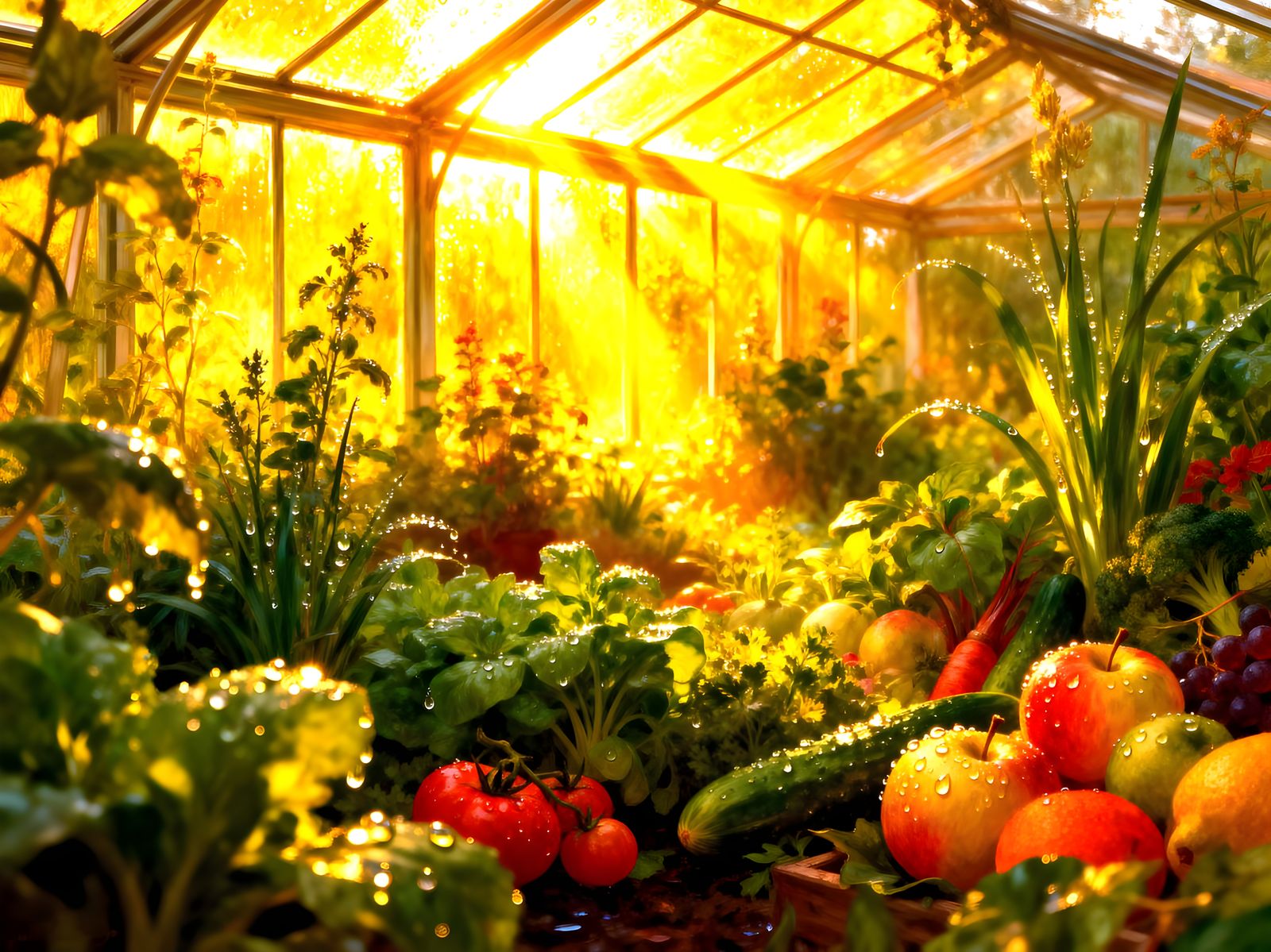 Lush Greenhouse Abundant With Healthy Plants and Sunlit Wate...