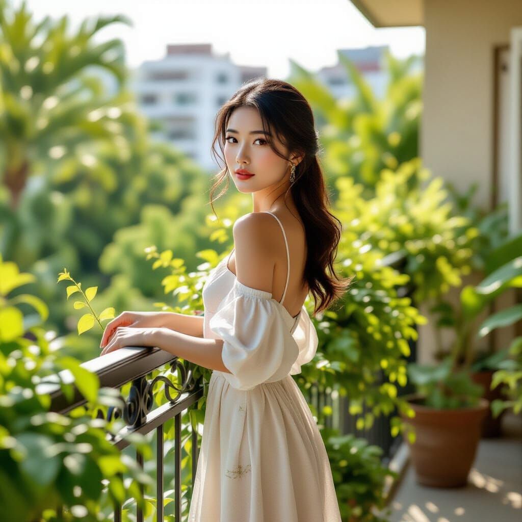 Photorealistic Portrait of Woman in Balcony Garden