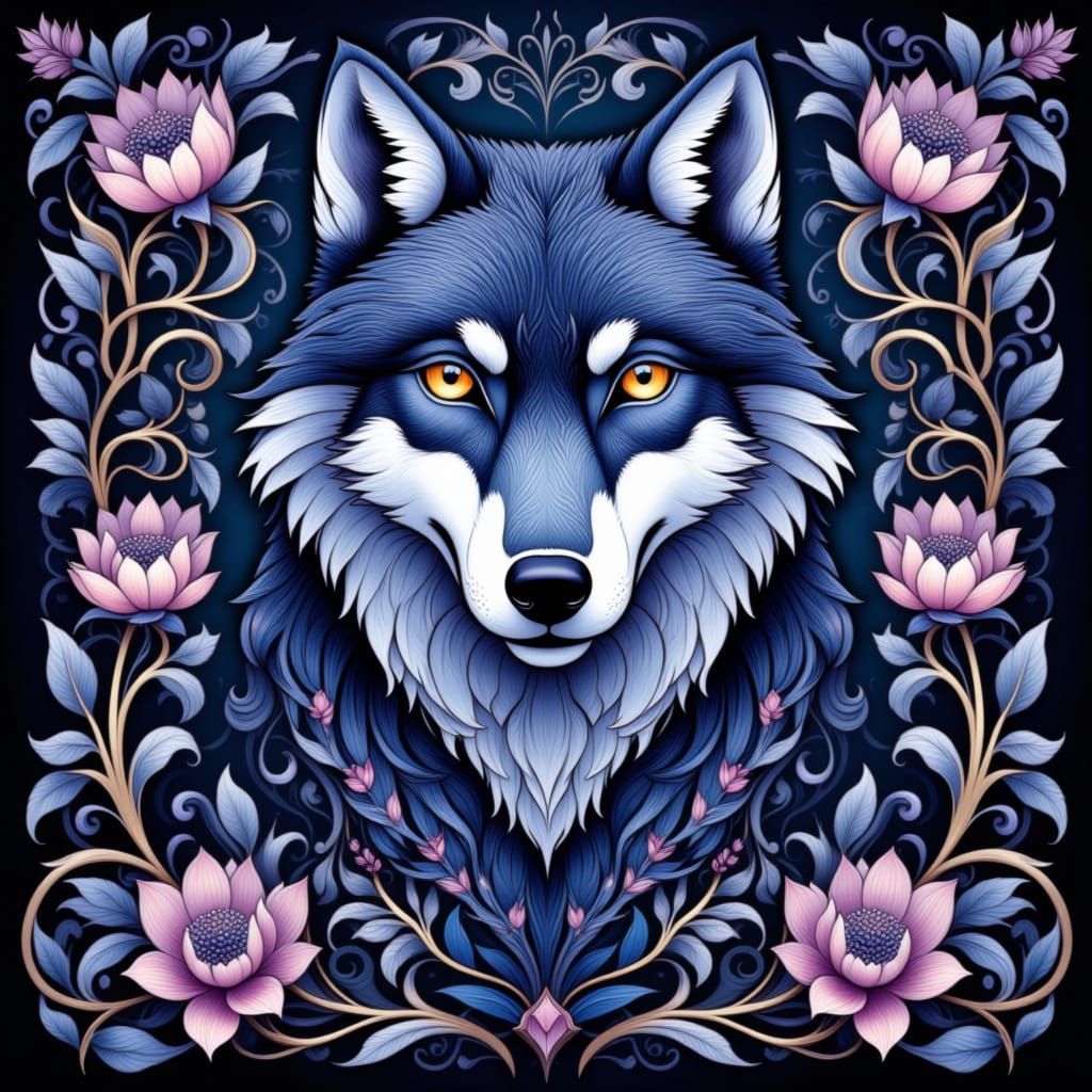 Folk Art Nouveau Wolf in Twilight Hues