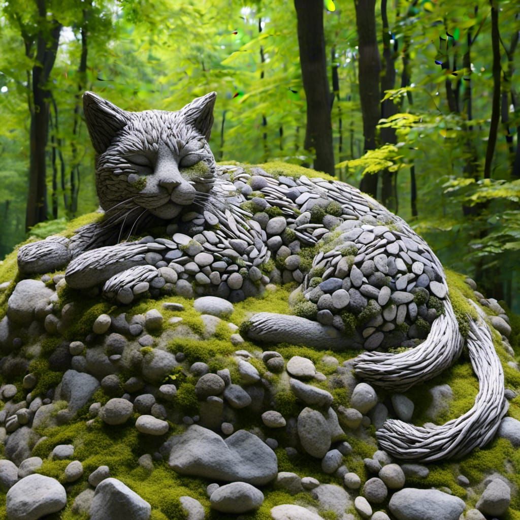 Rock Cat Sleeping in Forest Landscape