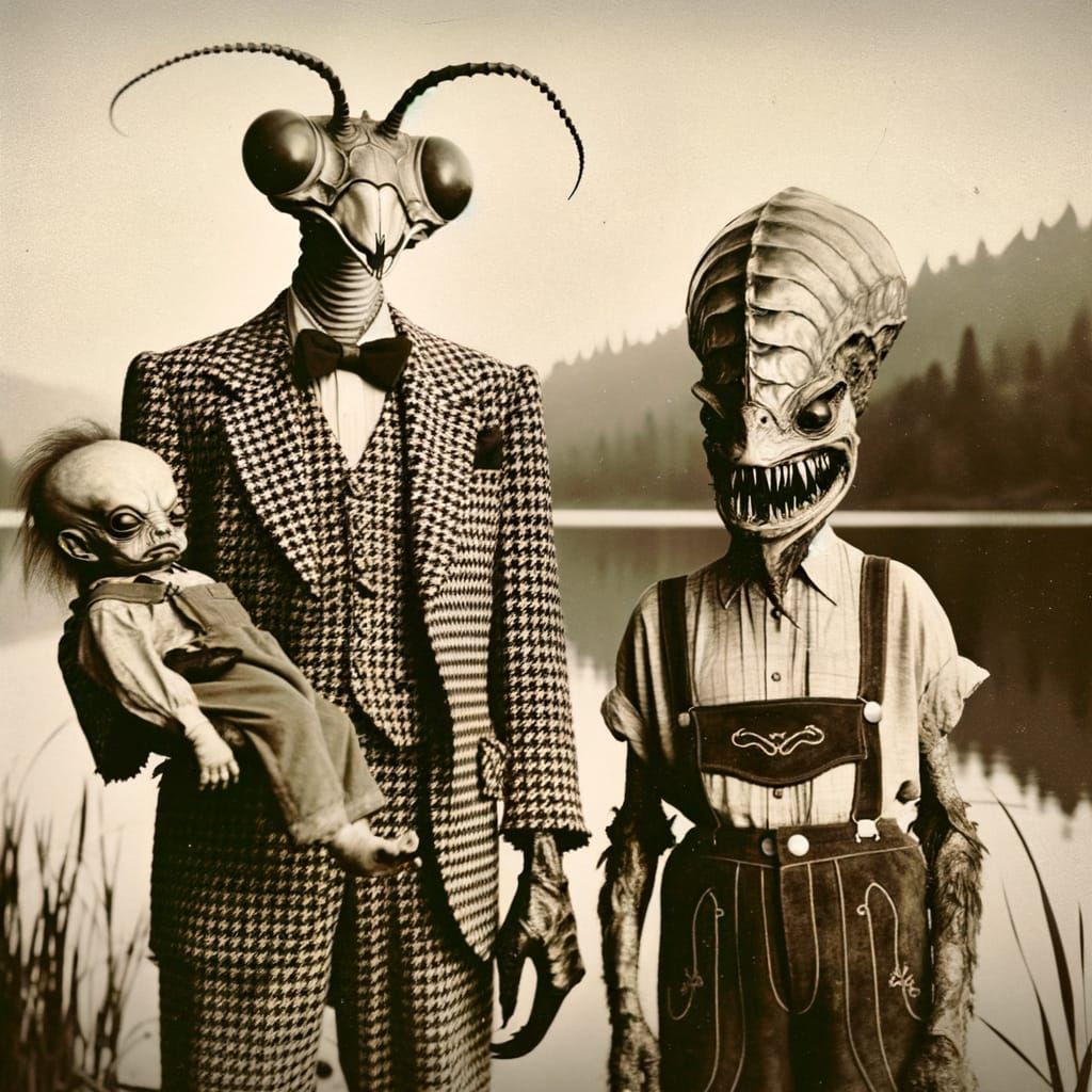 Eerie Mantis Man and Cockatoo Woman by a Lake