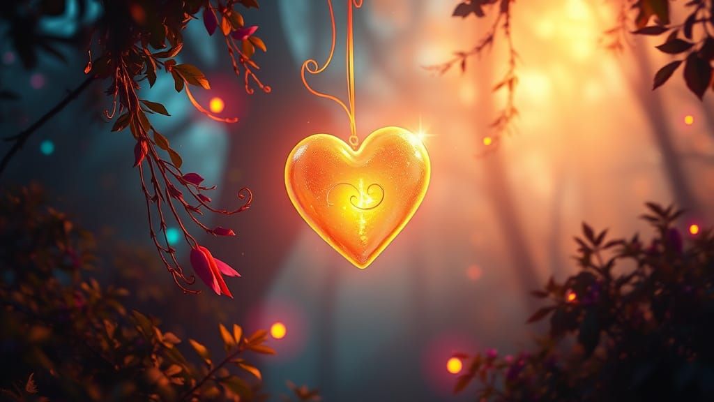 Dreamlike Heart Amidst Iridescent Forest in Ethereal Light