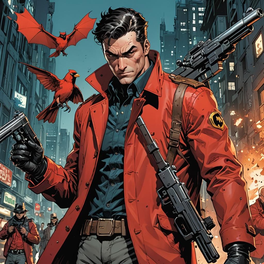 Man in Red Jacket with Gun, Comic Book Style
