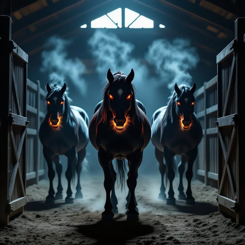 Fiery Stables: Three Hellish Horses with Steaming Nostrils