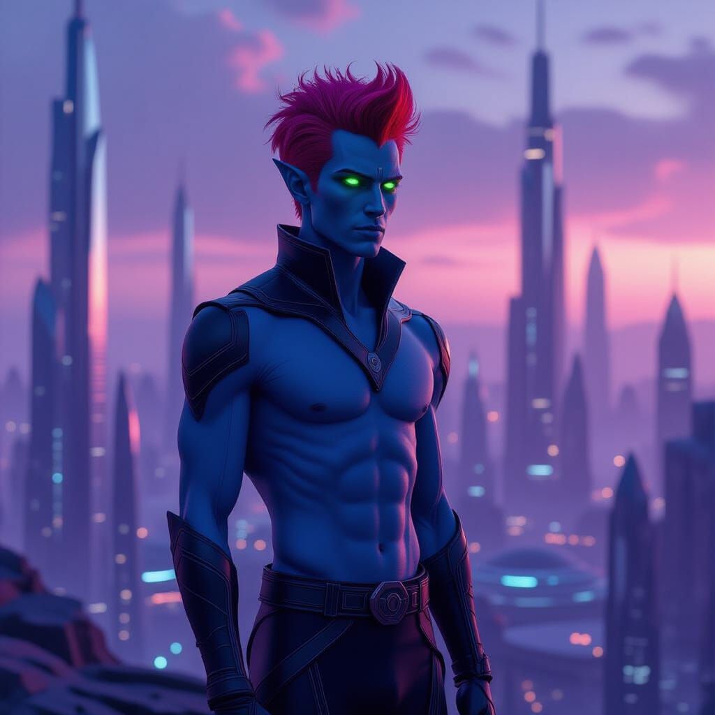 Blue-Skinned Man in Futuristic Crystalline City