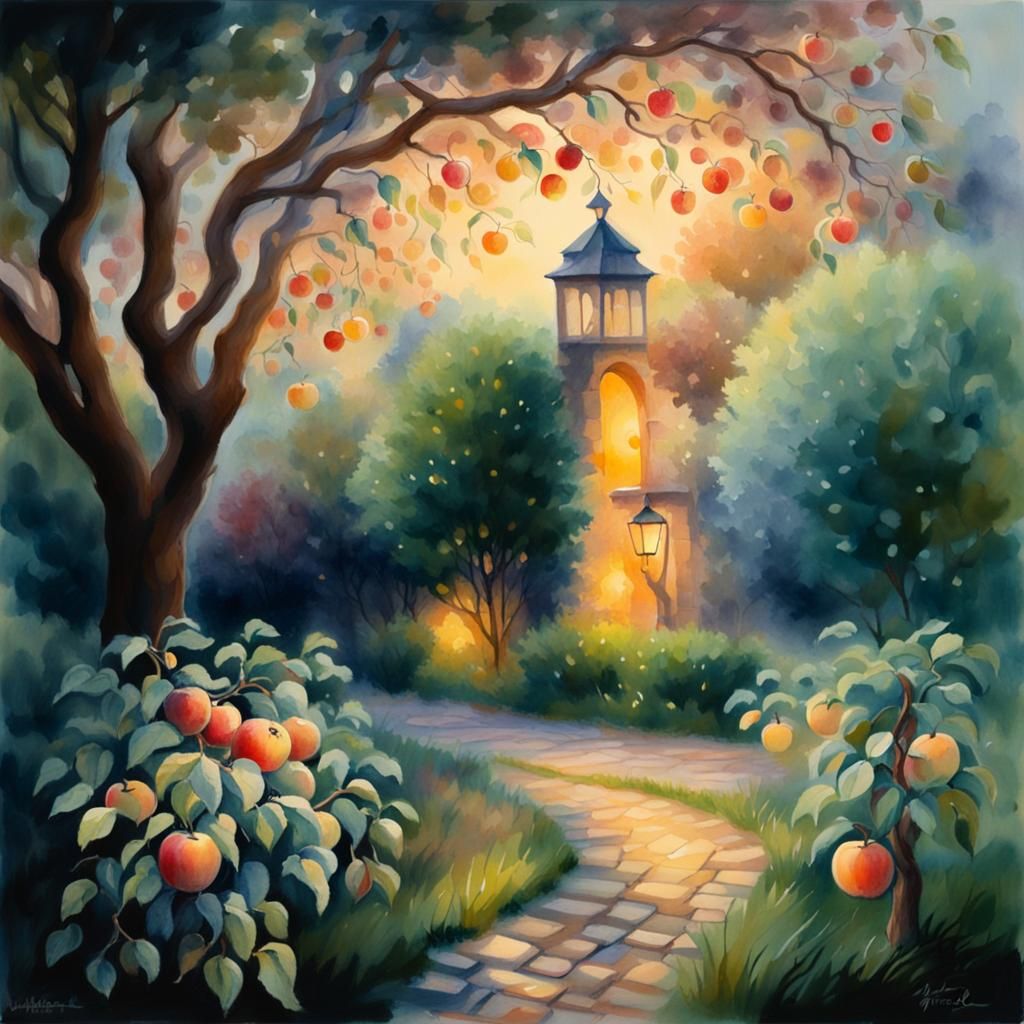 Cobblestone Path Through Orchard in Watercolor Style