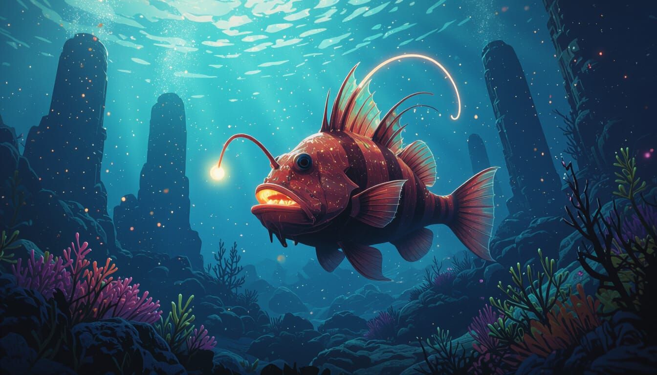 Bioluminescent Anglerfish in Alien Ocean, Digital Matte Pain...