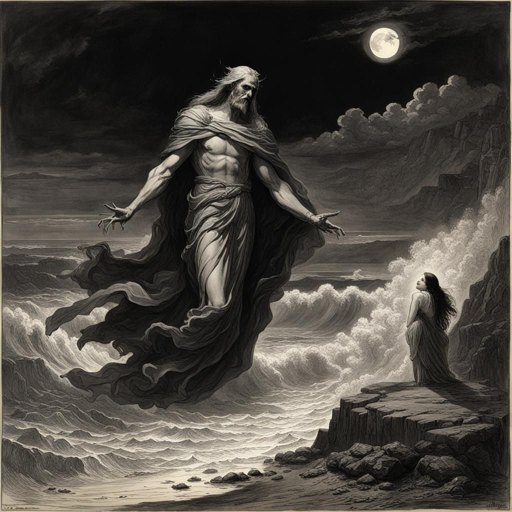 Hades Abducts Persephone on a Dark Beach