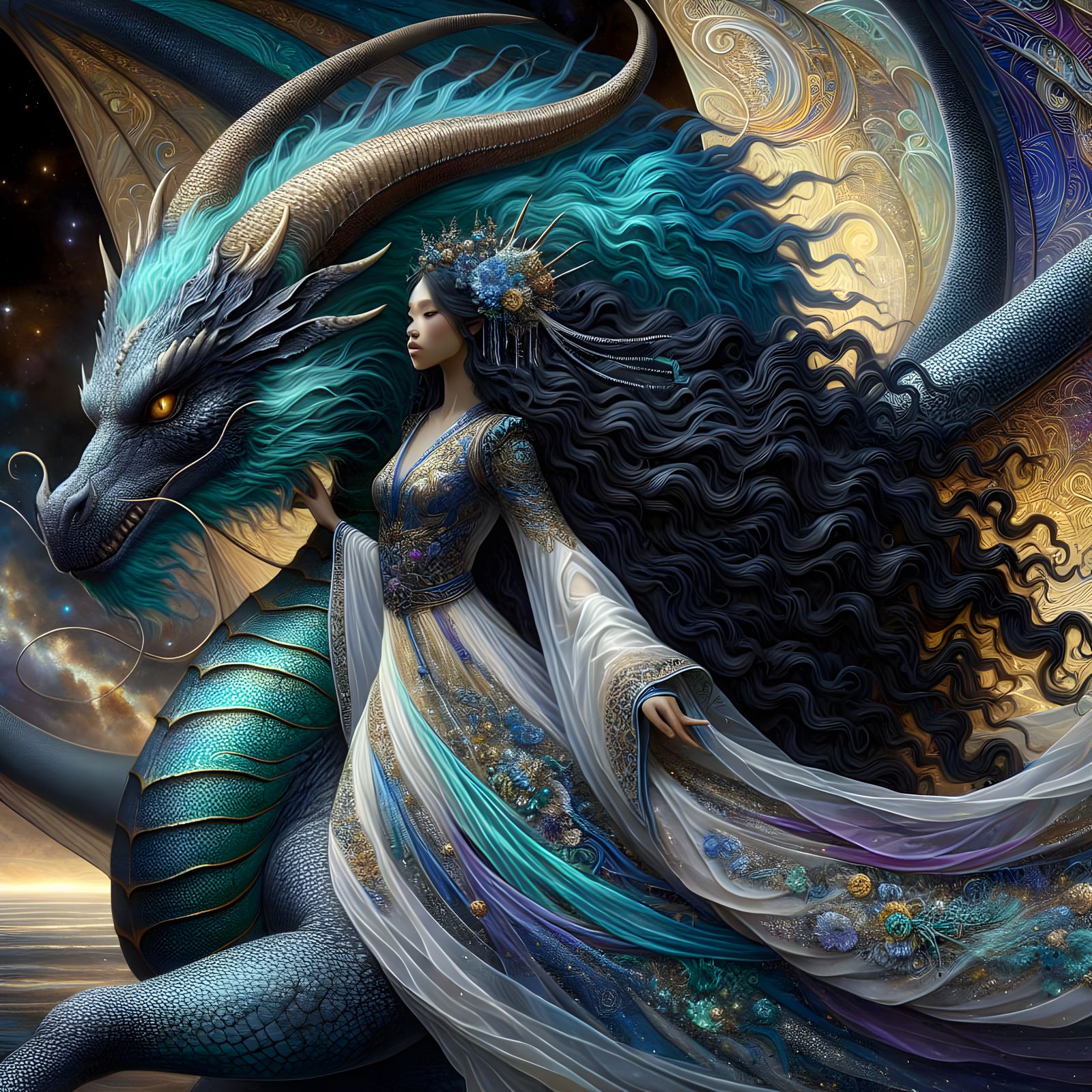 Woman Rides Dragon Through Cosmic Dreamscape