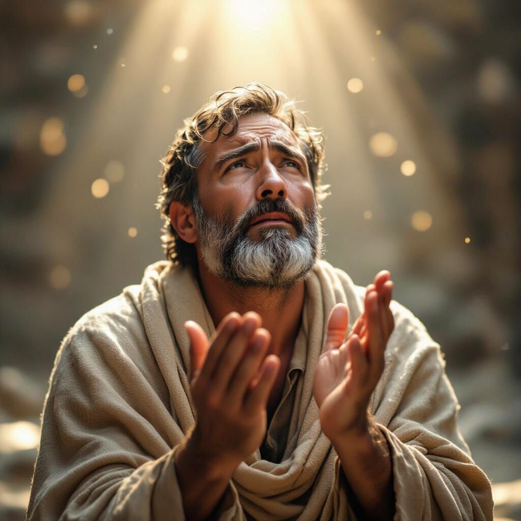 Devout Man Kneeling in Prayer Under Divine Light