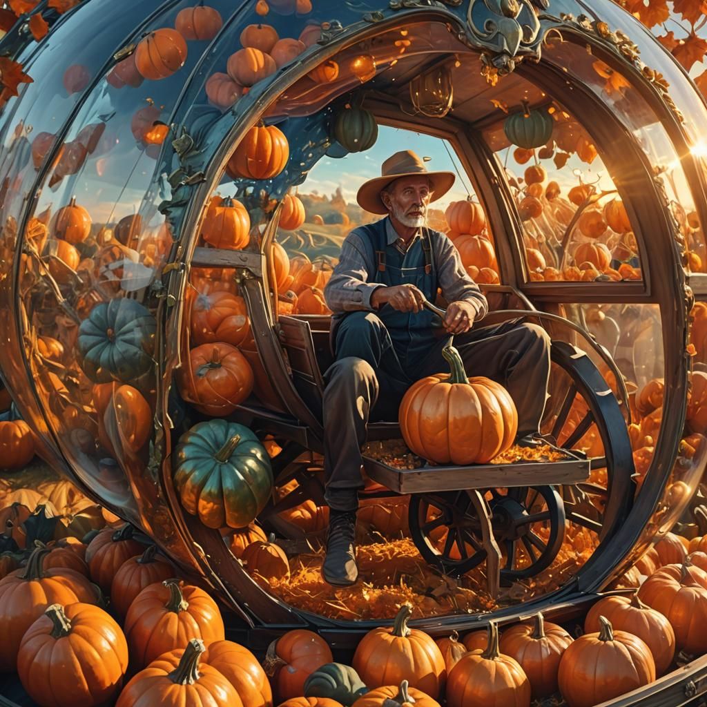 Glass Pumpkin Wagon: A Surreal Oil Painting