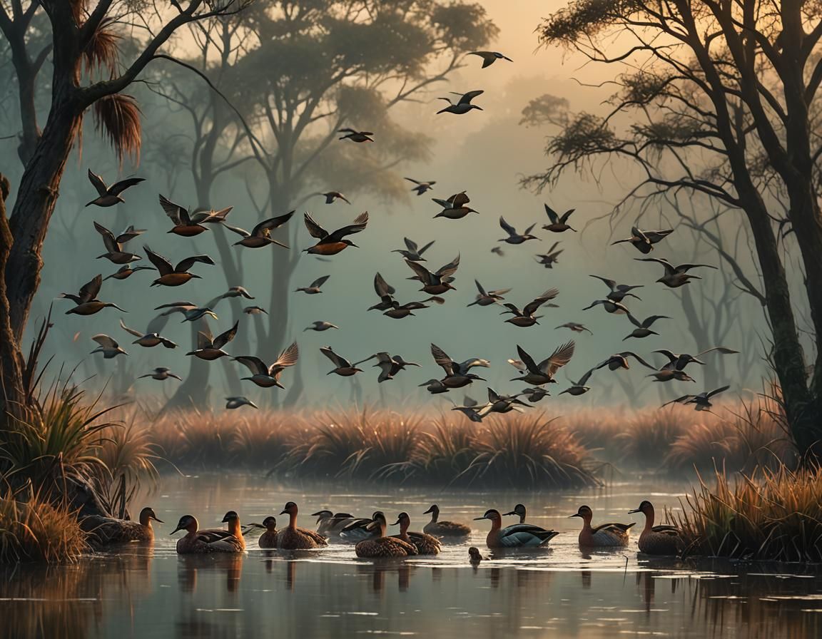 Cinnamon Teal Ducks on Misty Pond at Dawn