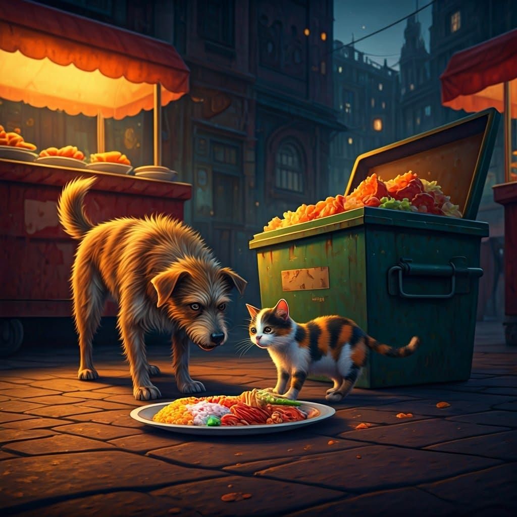Street Animals Find Food: Detailed Matte Painting