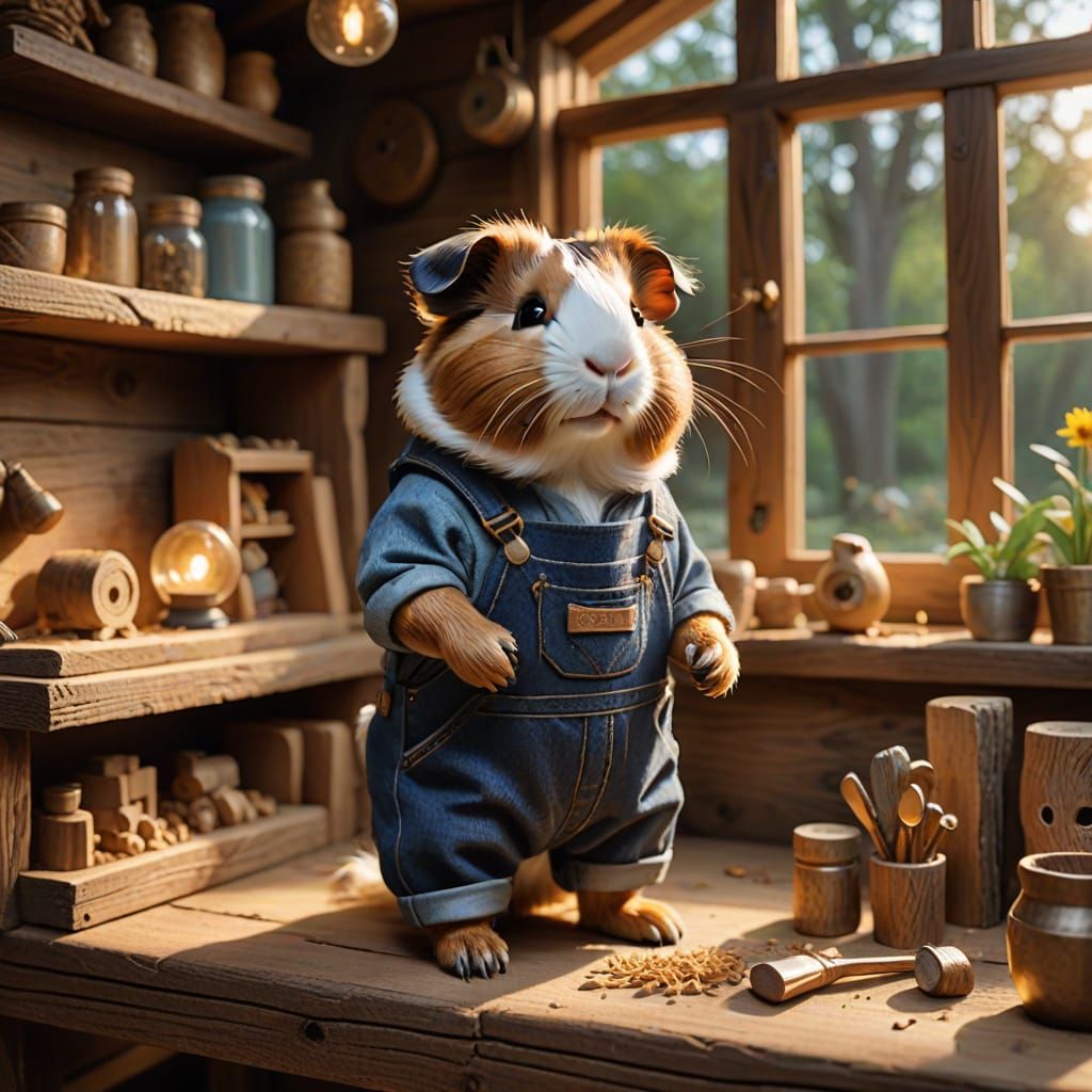 Cozy Folk Art Guinea Pig Craftsman in Treehouse Workshop