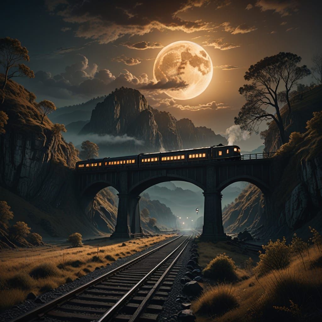Epic Train Crossing Under Full Moon in Cinematic Digital Mat...