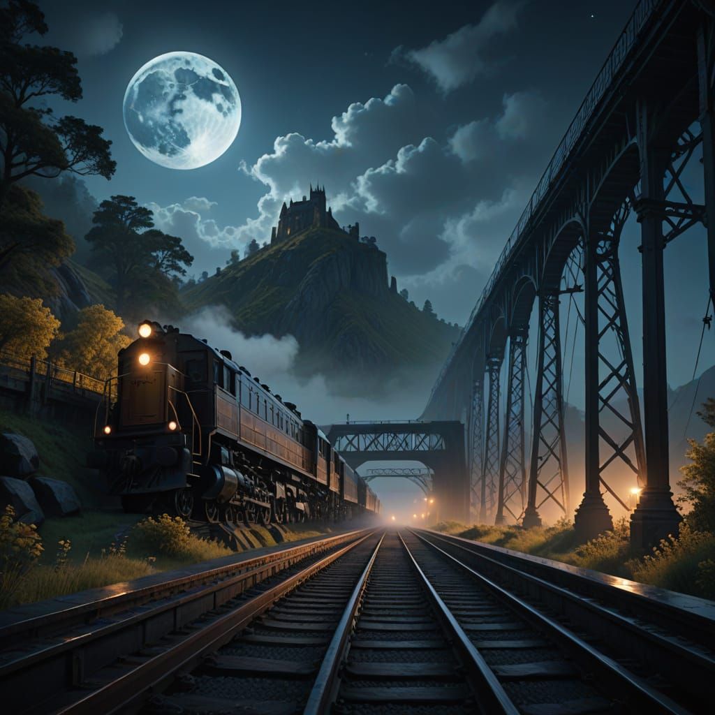 Epic Train Crossing Under Full Moon in a Hyper-Realistic Dig...