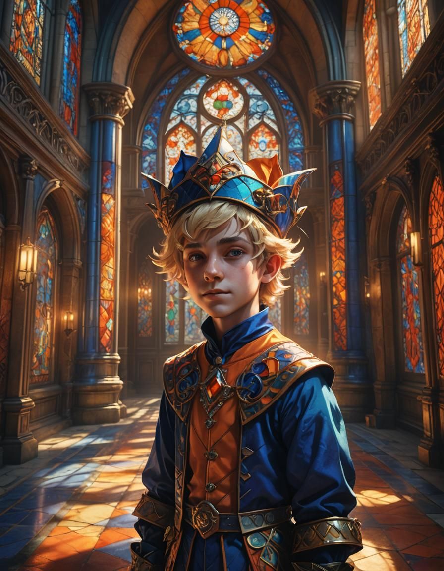 Boy Jester in Ornate Hallway: Fantasy Concept Art