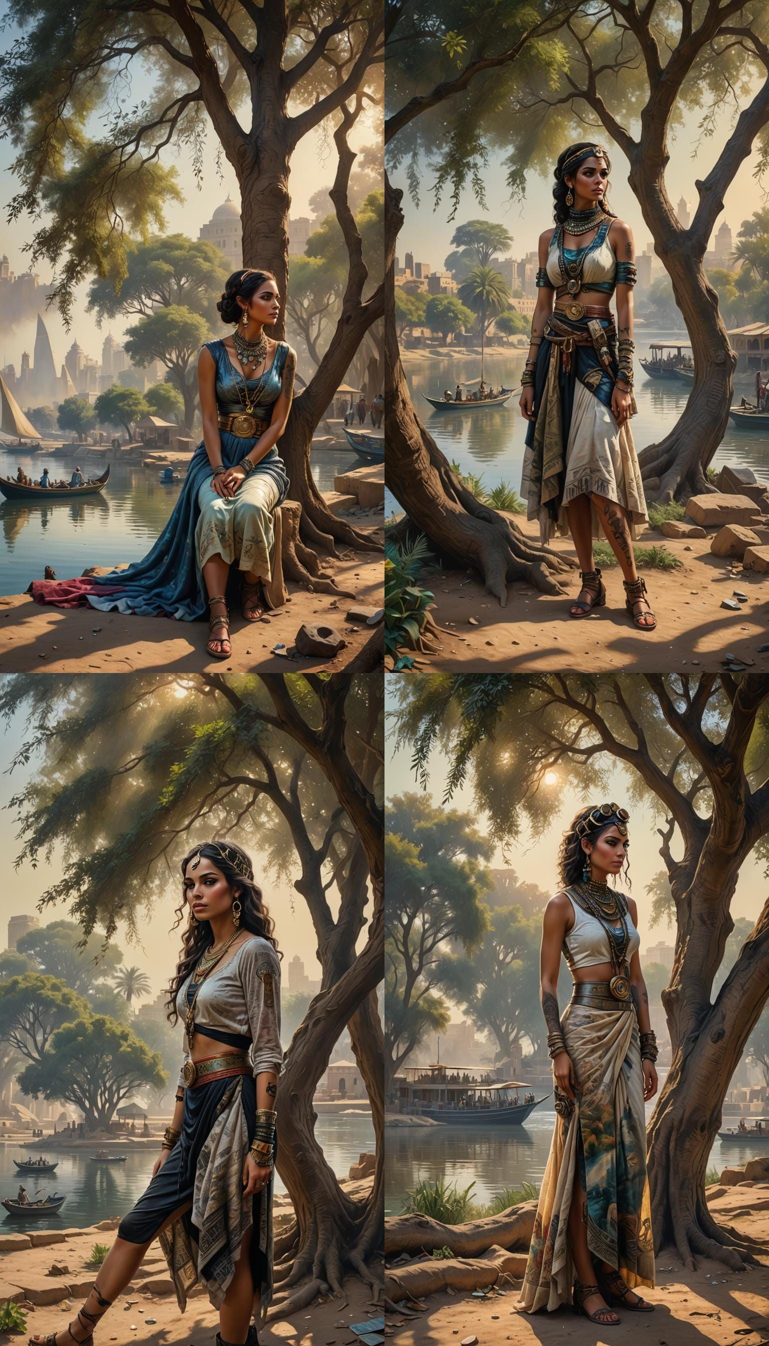 Futuristic Egyptian Girl on the Nile: Steampunk Oil Painting