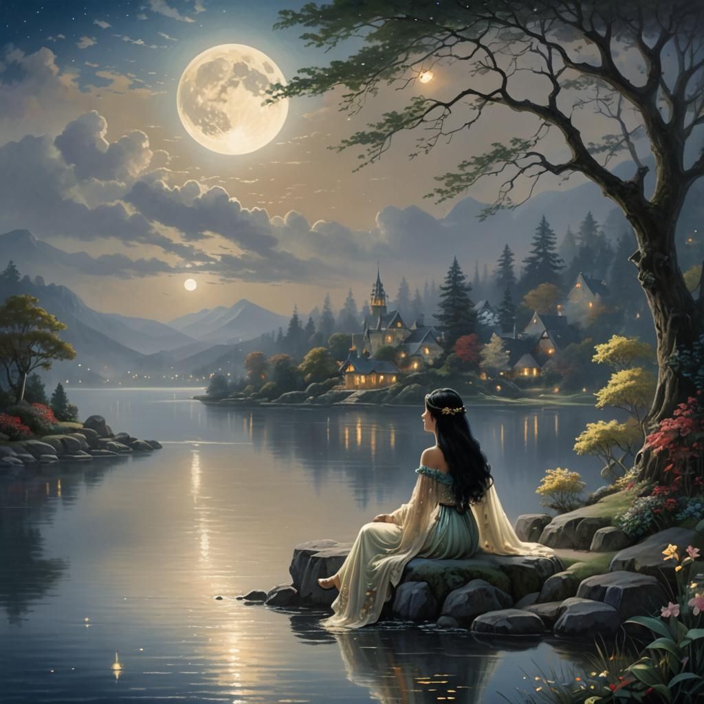 Ethereal Woman by Lake at Night in Fantasy Style