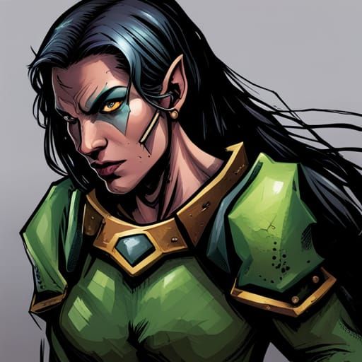 Armored Half-Orc Woman in Comic Book Style