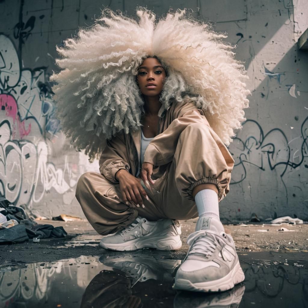 Young Woman with White Afro in Graffiti Setting