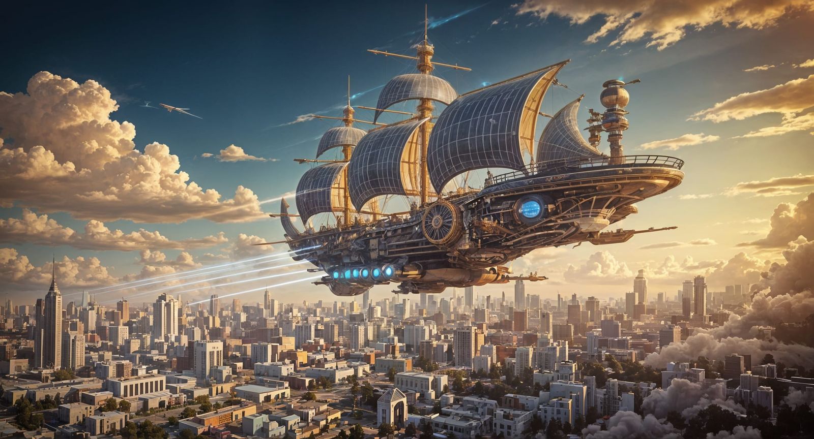 Futuristic Galleon Airship in Ultraviolet Blacklight Style