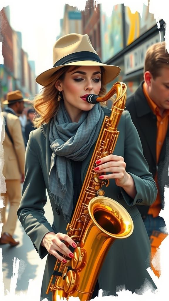 Elegant Saxophone Player in City Street Scene
