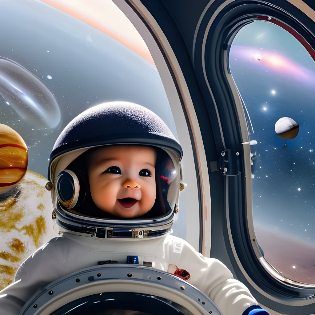 Baby Astronaut Gazing at Solar System Planets