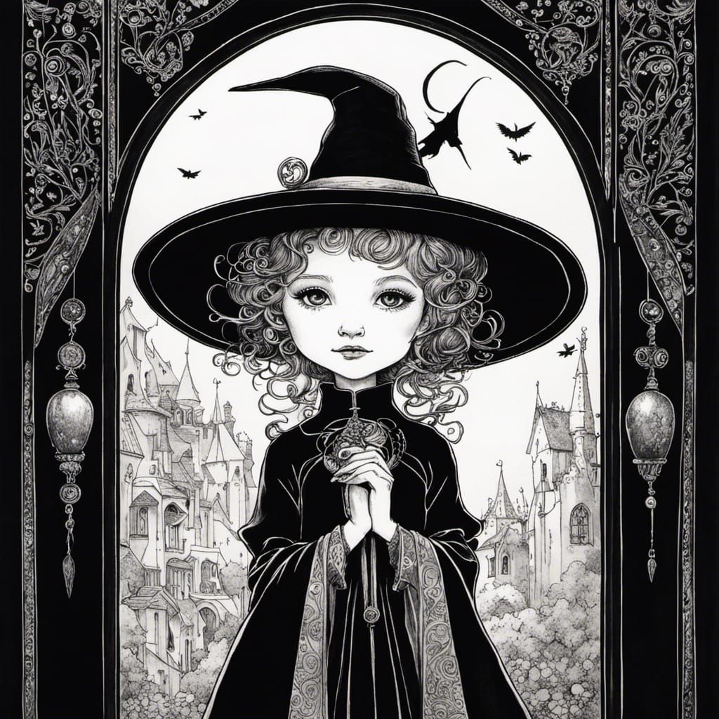 Detailed Ink Drawing of a Young Witch