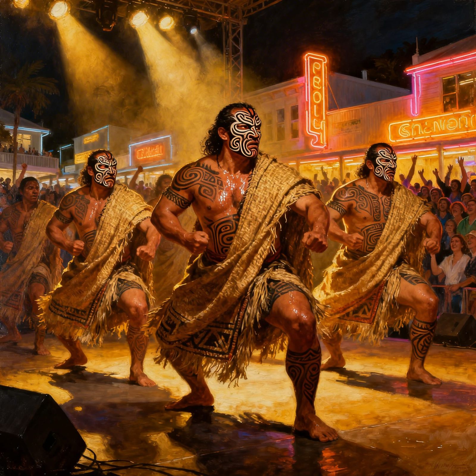 Maori Haka Dance Festival in Hyperrealistic Oil Painting