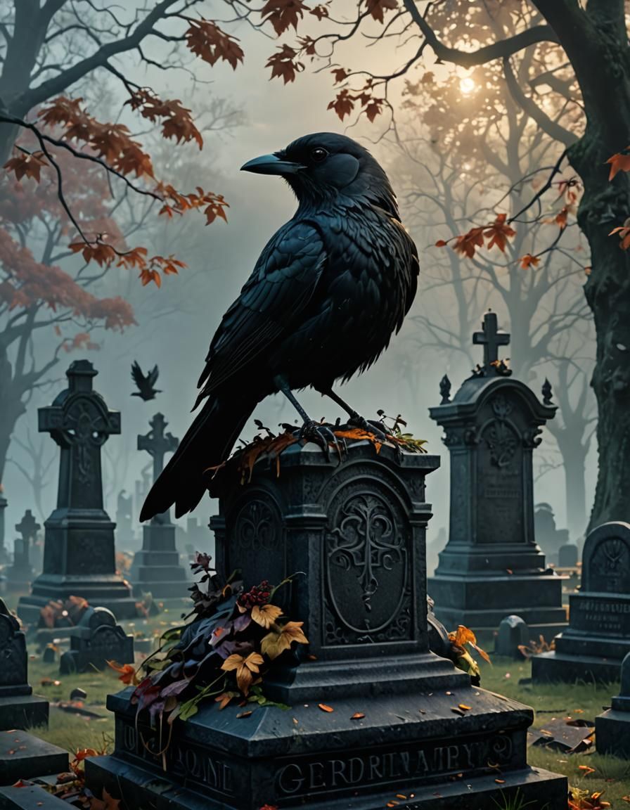 Horrifying Black Bird in Cemetery, Dark Fantasy Art