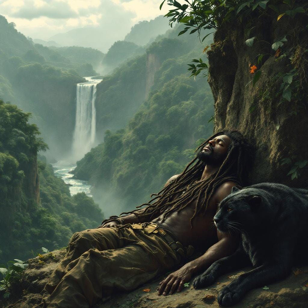 Man with Panther in Amazonian Forest Art