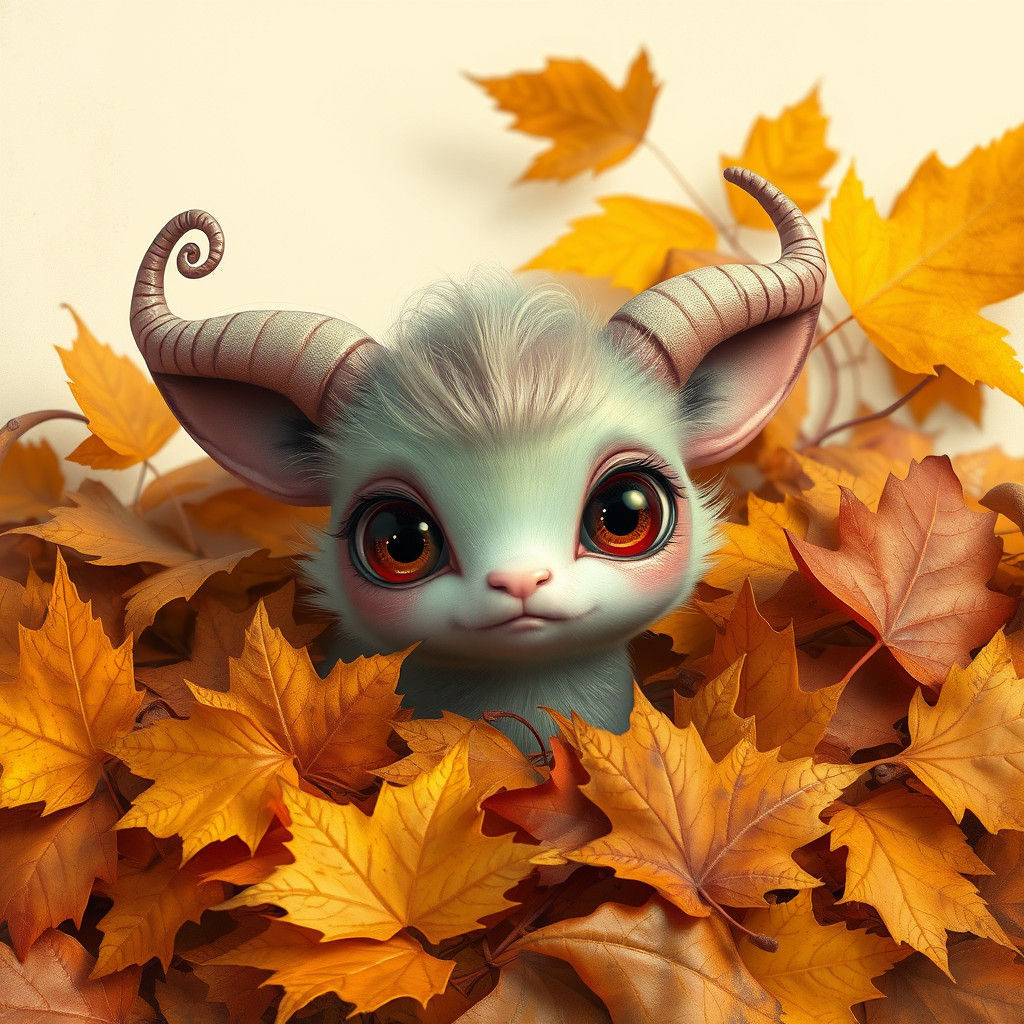 Whimsical Creature in Autumn Leaves, 3D Rendered
