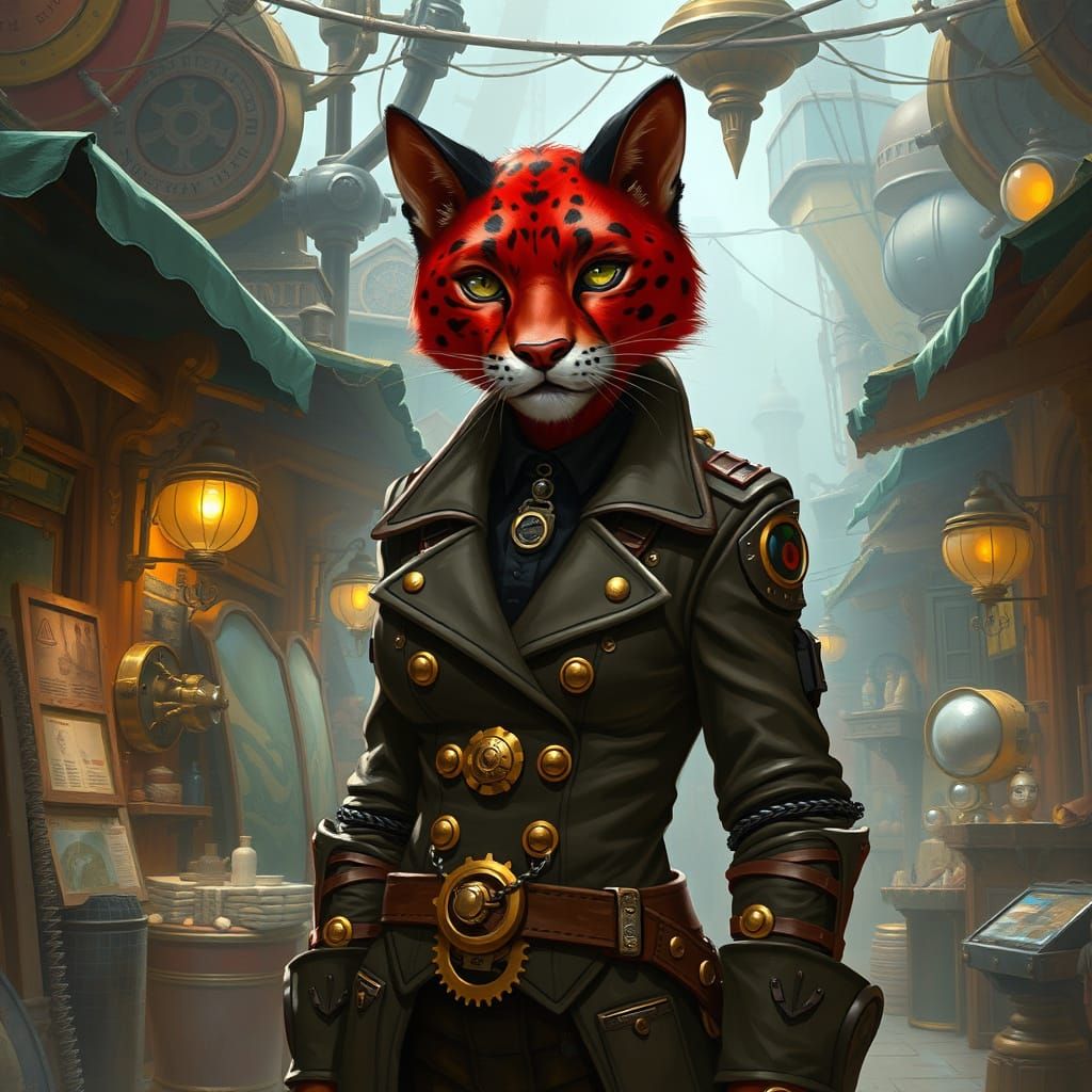 Steampunk Panther in Bustling Marketplace, Digital Painting