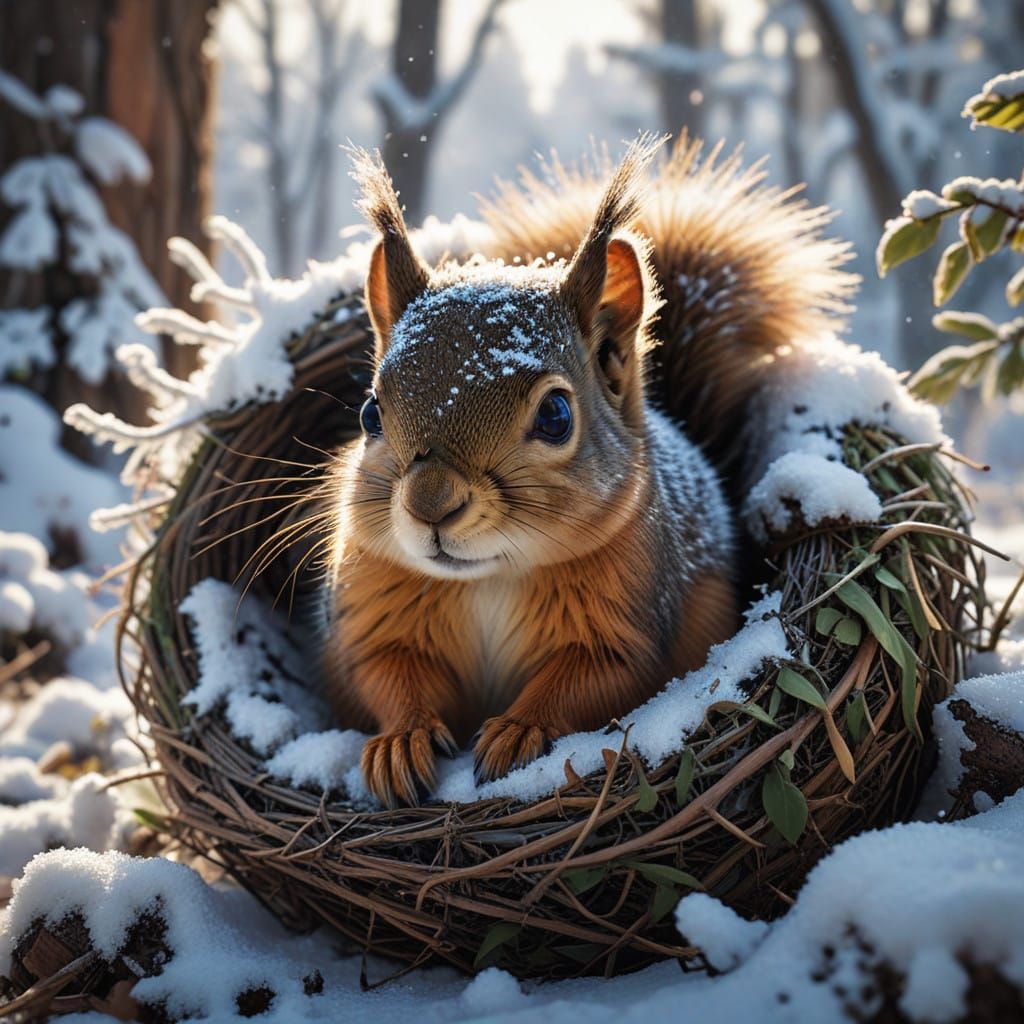 Surreal Winter Wonderland Squirrel Portrait in Hyper-Realist...
